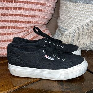 Superga Black Lace-Up Canvas Platform Sneakers- 7.5